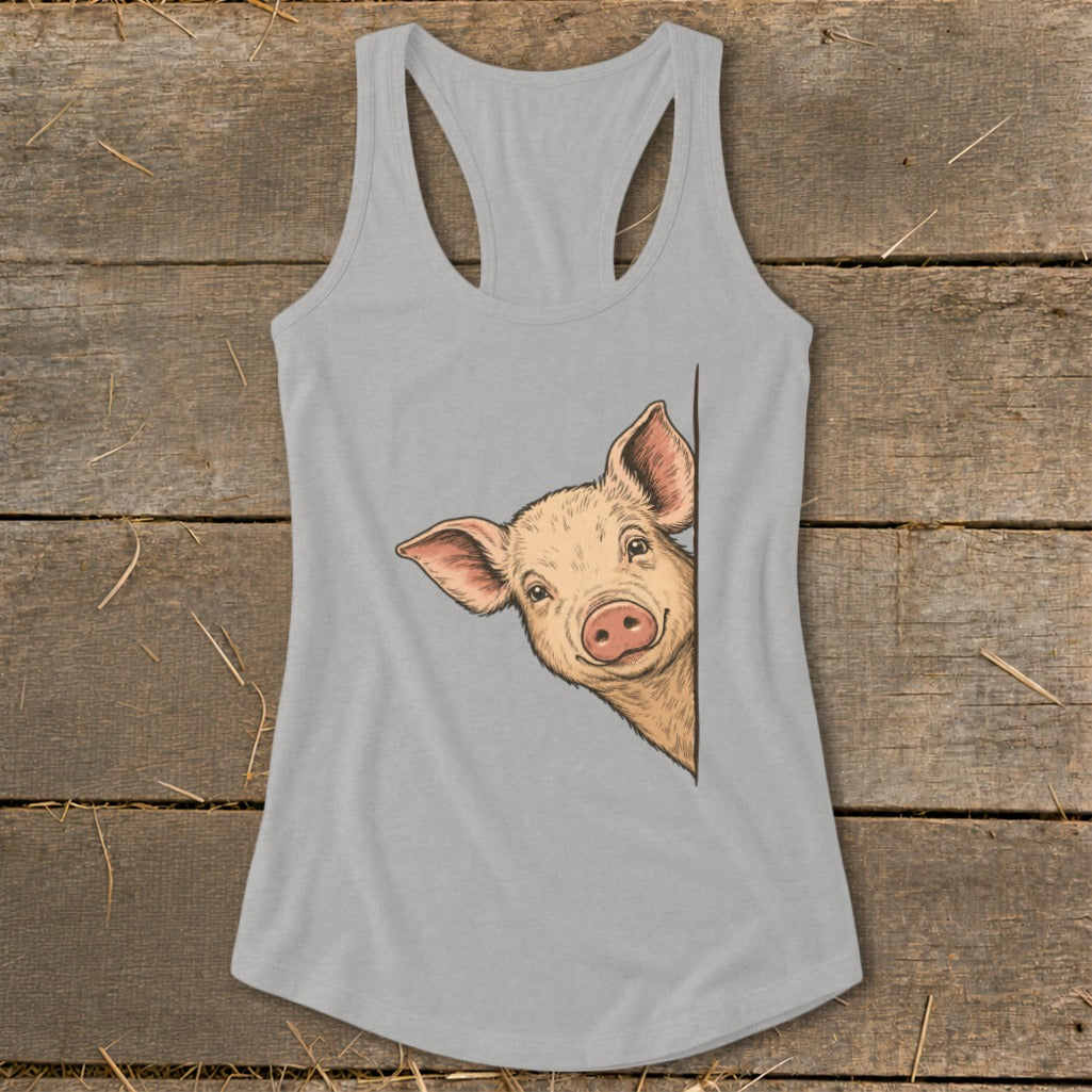 Gray tank top with a drawing of a pig peeking from the side.
