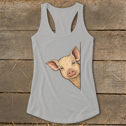 Gray tank top with a drawing of a pig peeking from the side.