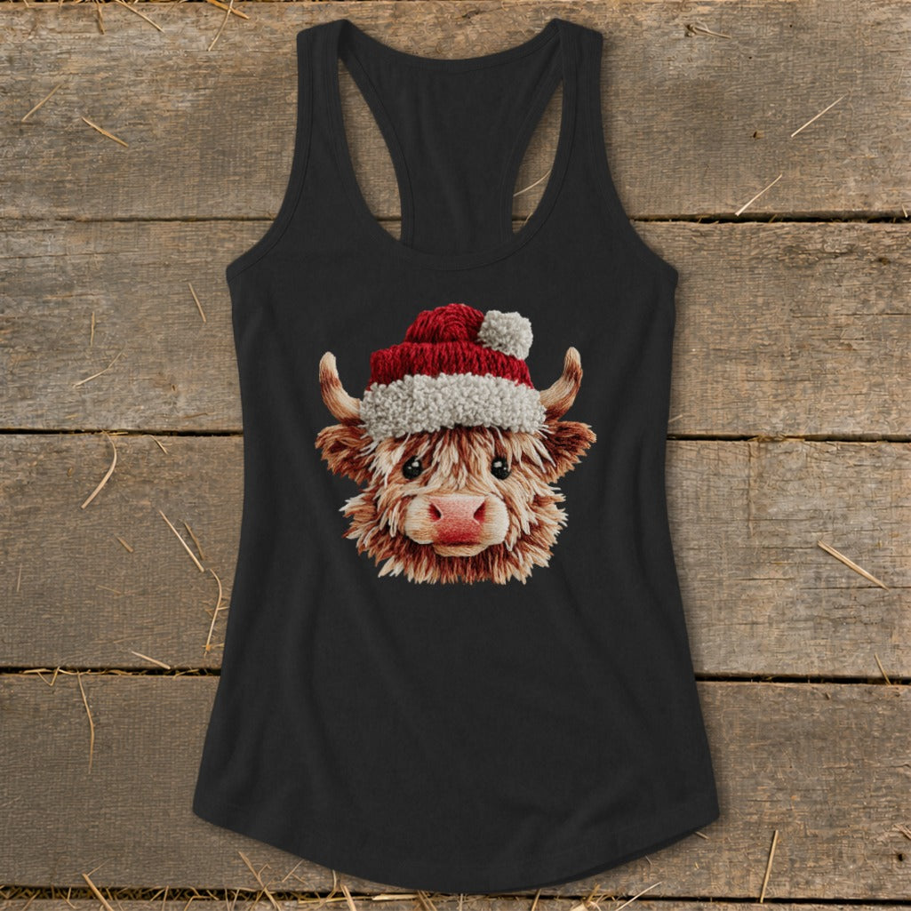 Black tank top with a watercolor highland cow wearing a Santa hat.