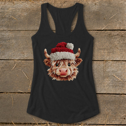 Black tank top with a watercolor highland cow wearing a Santa hat.