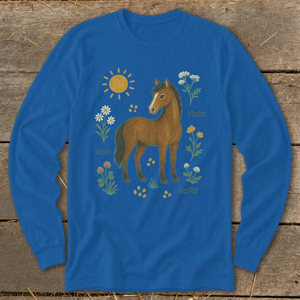 Brown horse with sun and flowers graphic on a blue long-sleeve t-shirt.
