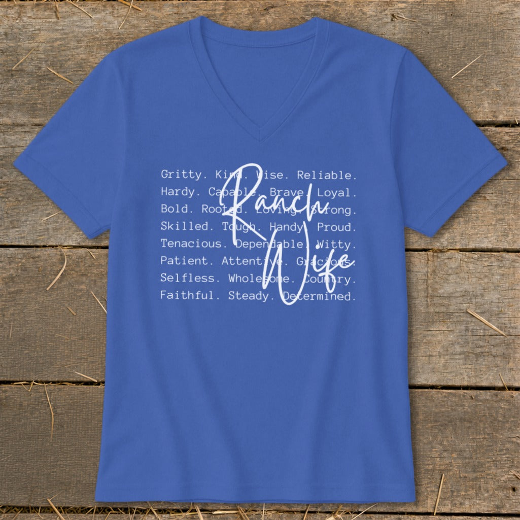 Royal blue v-neck t-shirt with "Ranch Life" and descriptive words in white text.