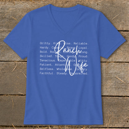 Royal blue v-neck t-shirt with "Ranch Life" and descriptive words in white text.