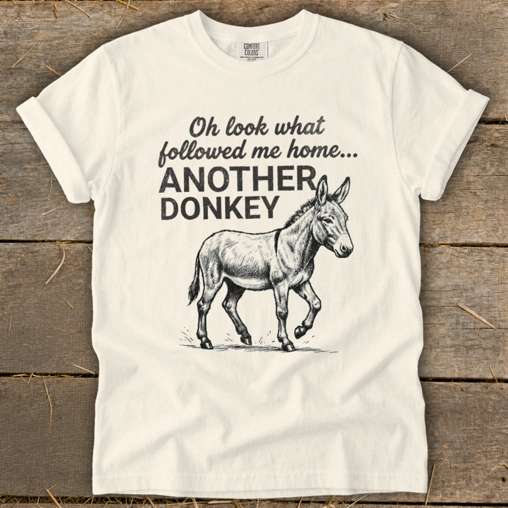 Cream t-shirt with "Oh look what followed me home... ANOTHER DONKEY" text and a donkey illustration.