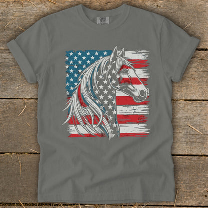 Horse head design with distressed American flag on gray t-shirt.