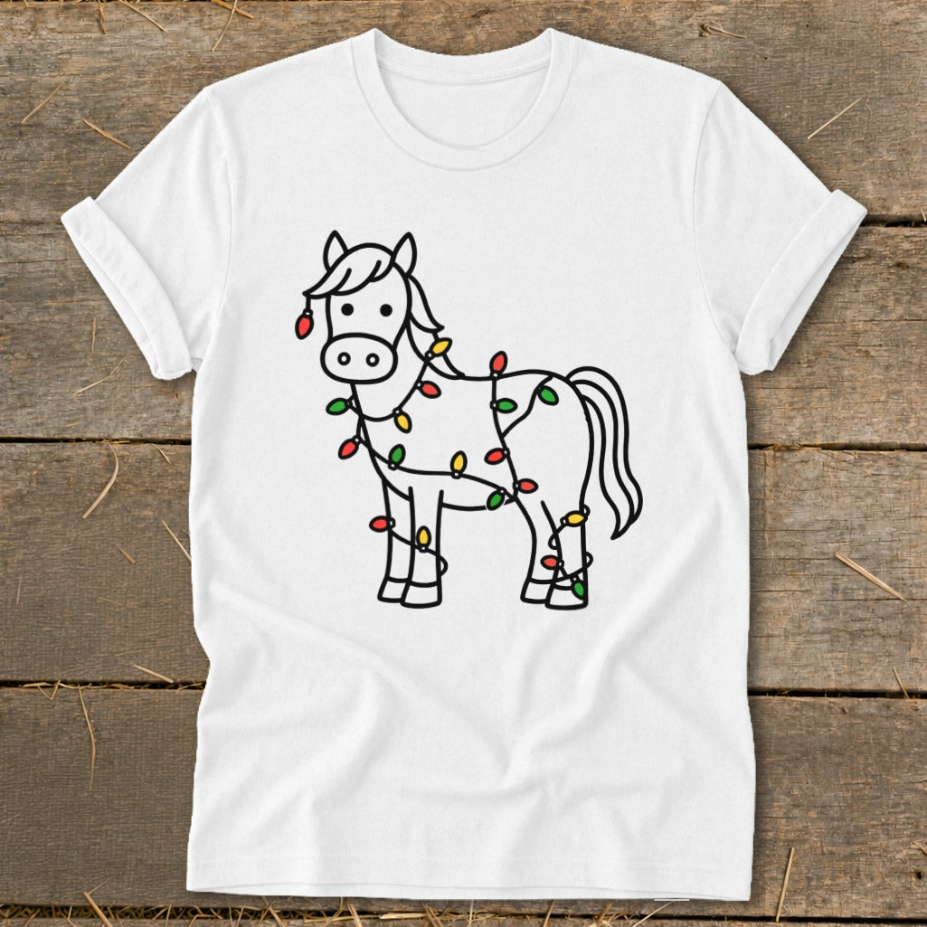 White t-shirt featuring a line drawing of a horse wrapped in Christmas lights.