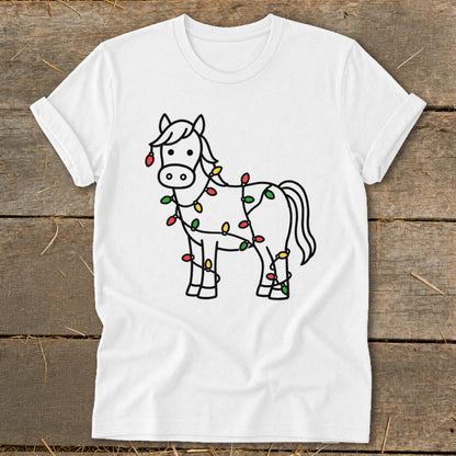 White t-shirt featuring a line drawing of a horse wrapped in Christmas lights.