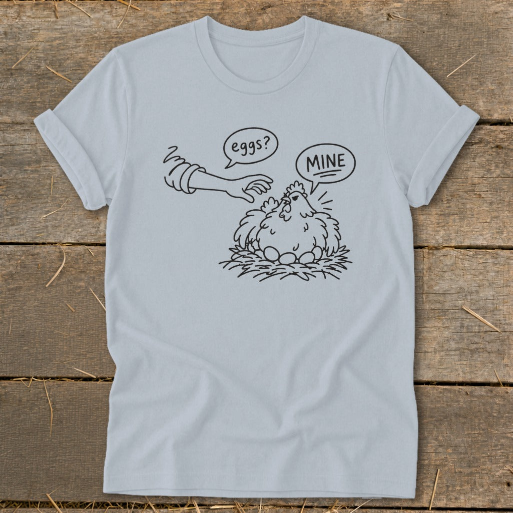 Line drawing of a hen protecting eggs with speech bubbles saying "eggs?" and "MINE".