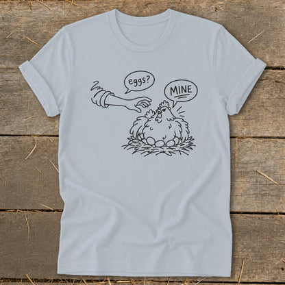 Line drawing of a hen protecting eggs with speech bubbles saying "eggs?" and "MINE".