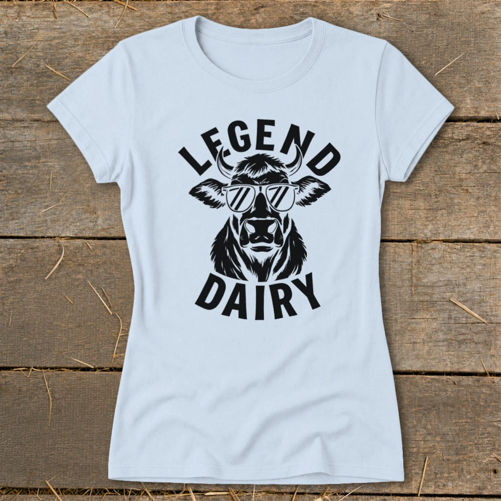 Light blue t-shirt with black graphic of a cow wearing sunglasses and the words LEGEND DAIRY.