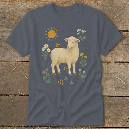 Sheep with flowers and sun graphic on a dark blue t-shirt.