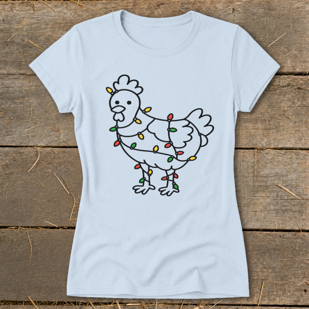 Light blue t-shirt with a cartoon chicken wrapped in colorful Christmas lights.