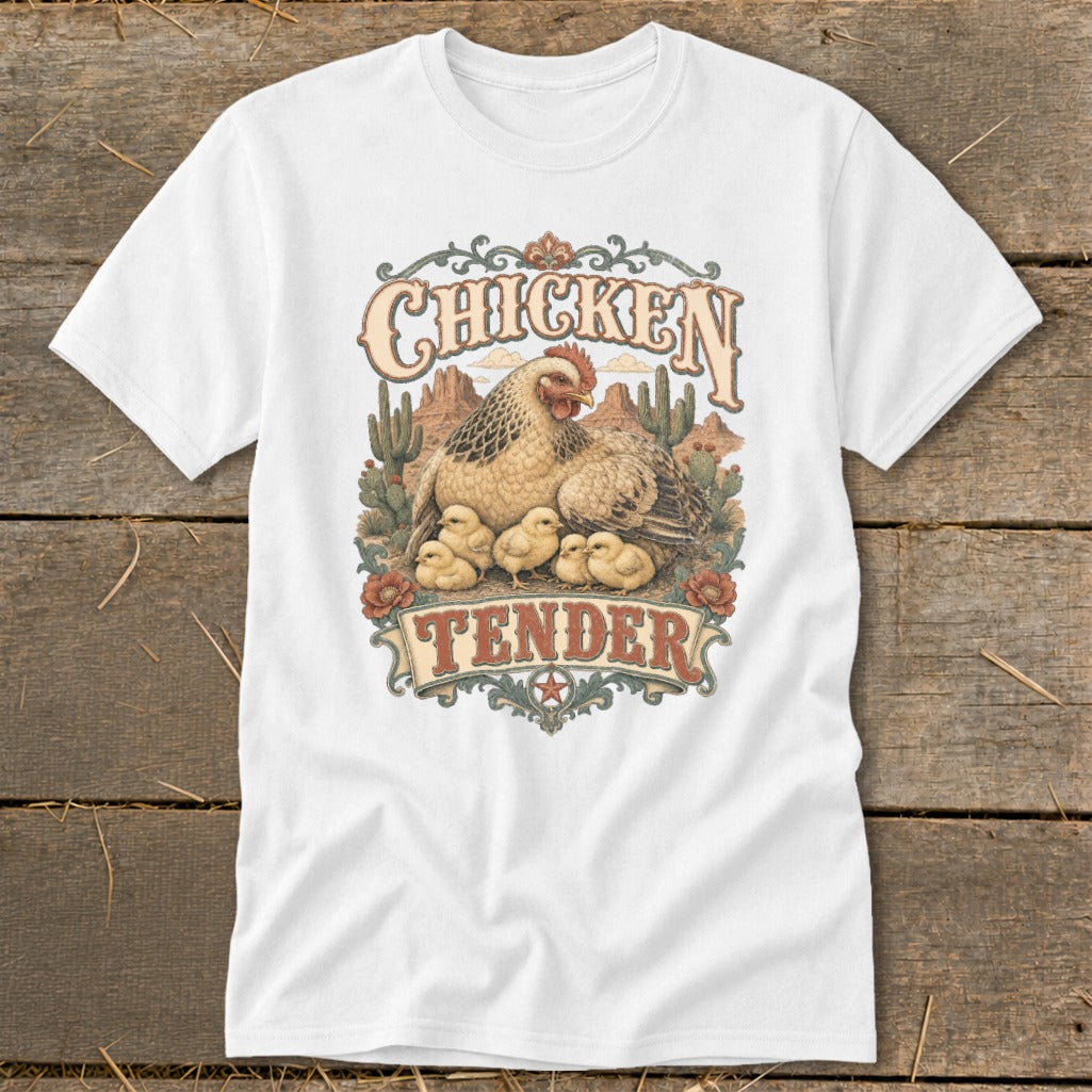 White t-shirt with "Chicken Tender" text, hen, and chicks in a desert scene.