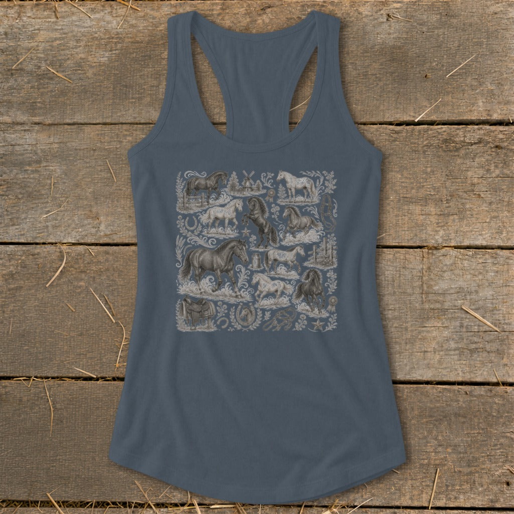 Gray tank top with a repeating vintage-style horse and equestrian pattern.