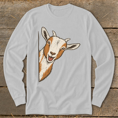 Cartoon goat peeking around a corner with a happy expression on a grey long-sleeve shirt.