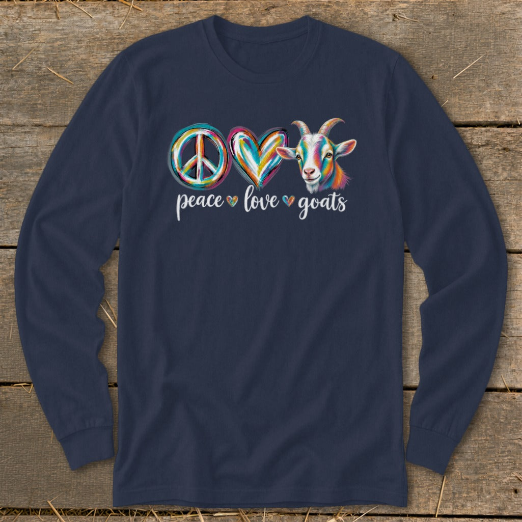 Navy long sleeve shirt with colorful peace, heart, and goat graphic and text.