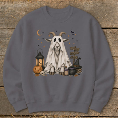 Goat wearing a ghost costume with Halloween decorations and signs.