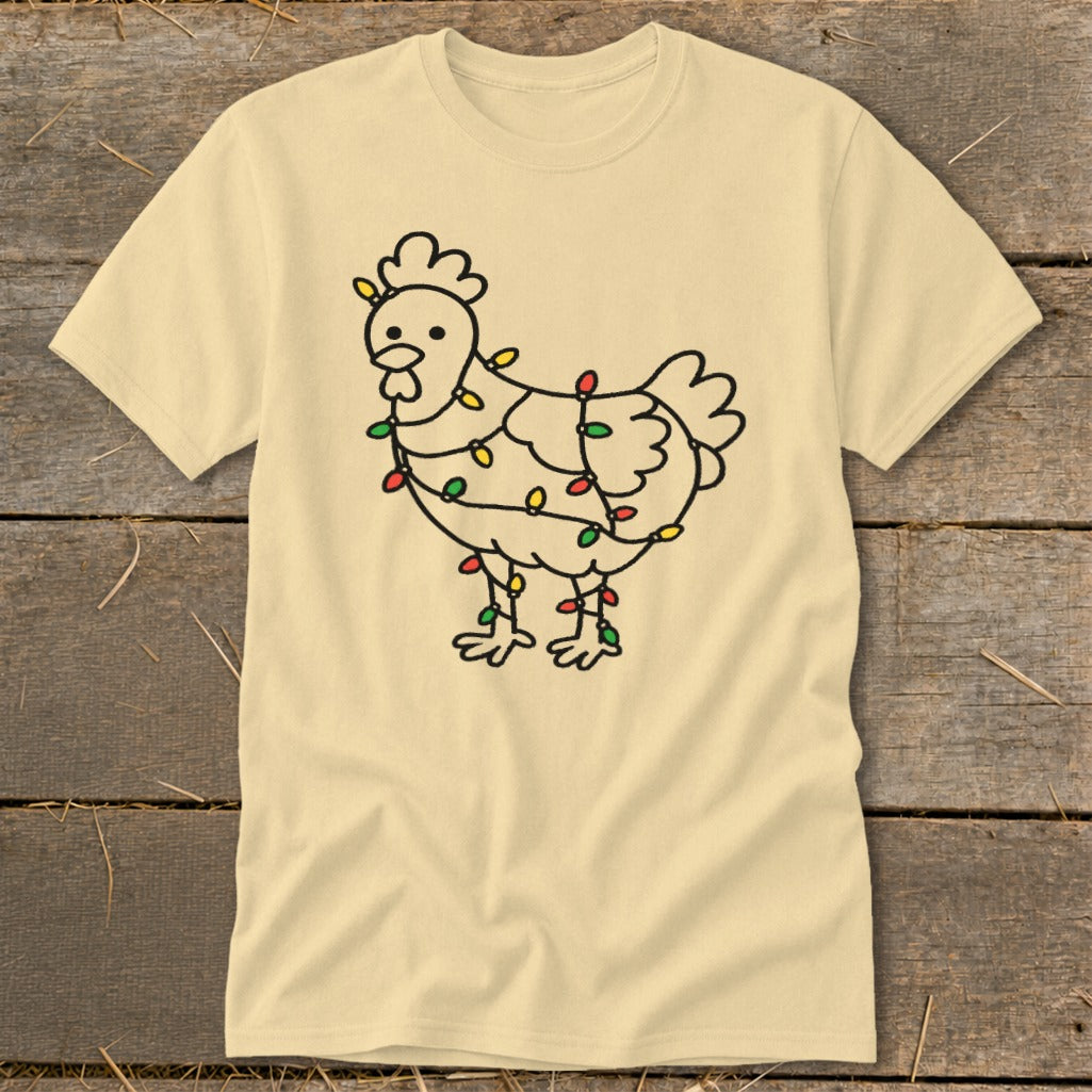 Chicken graphic with festive Christmas lights on a light yellow t-shirt.
