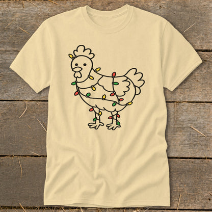 Chicken graphic with festive Christmas lights on a light yellow t-shirt.