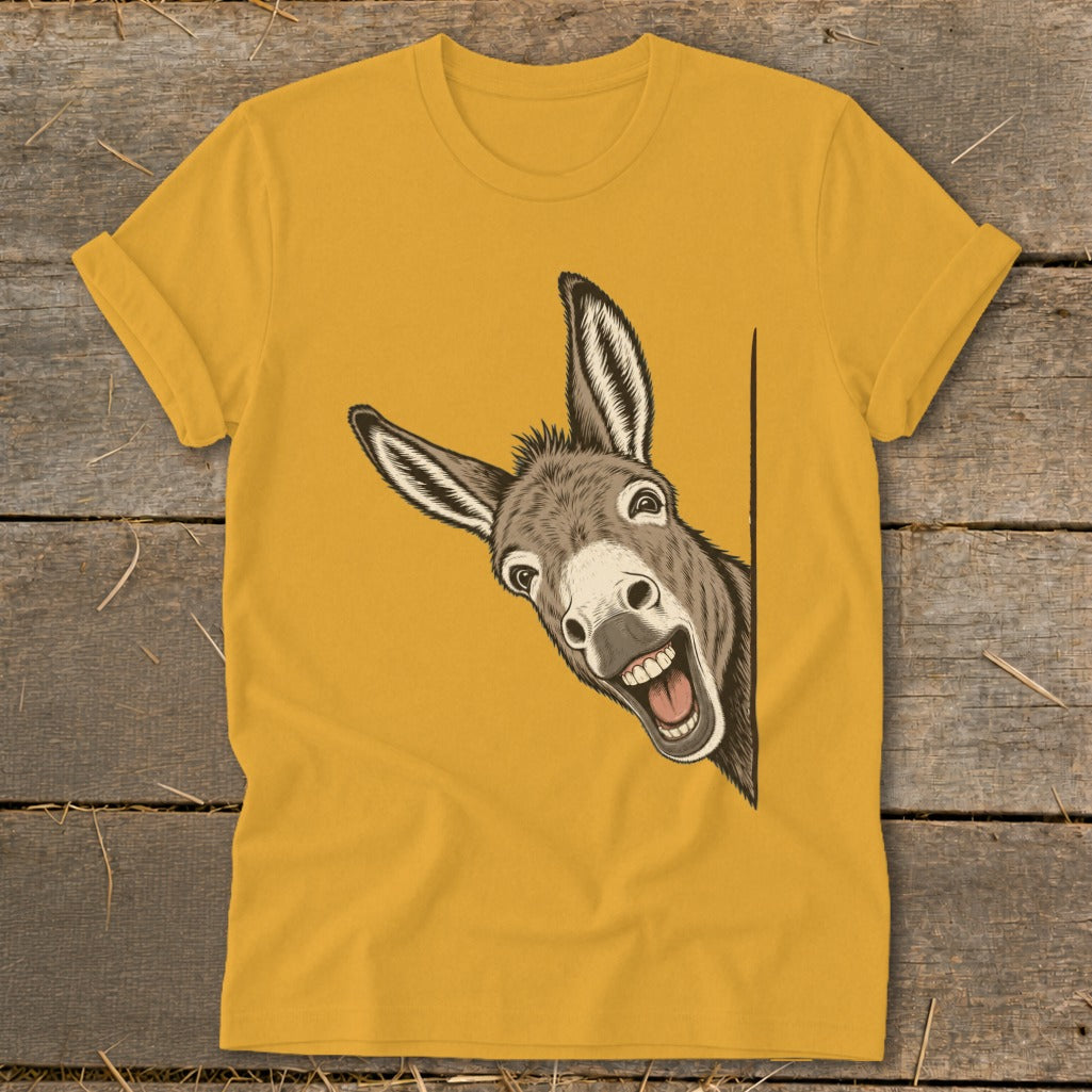 Yellow t-shirt with a cartoon donkey peeking around a corner with a big smile.