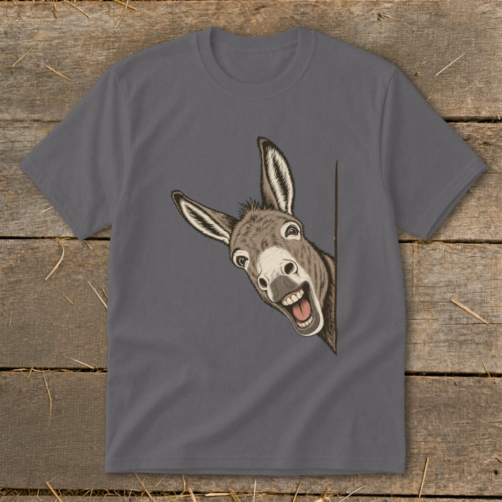 Gray t-shirt with a cartoon donkey peeking from behind a corner with a wide smile.