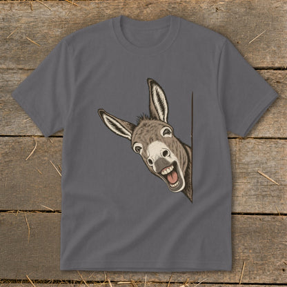 Gray t-shirt with a cartoon donkey peeking from behind a corner with a wide smile.