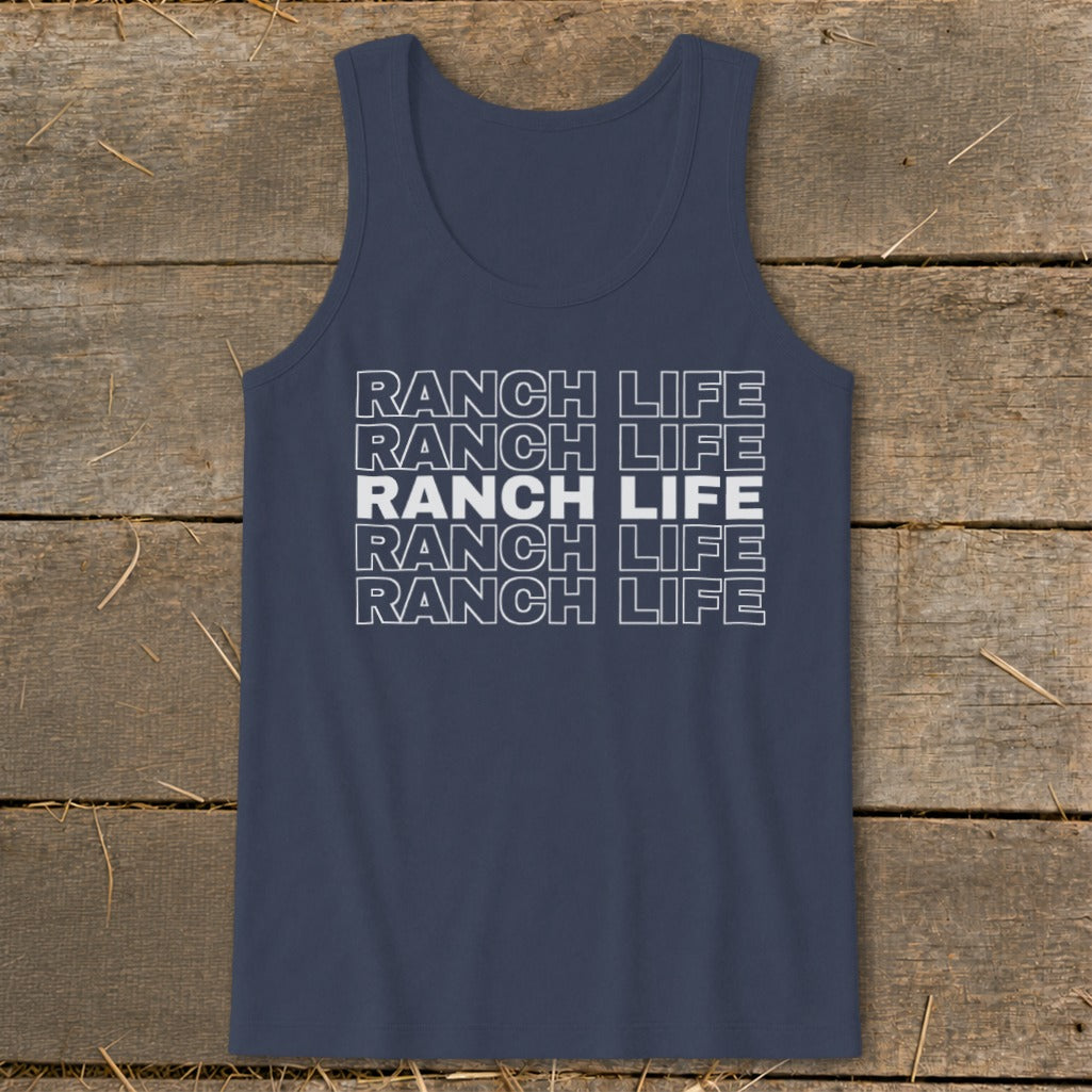 Dark blue tank top with white block text that reads Ranch Life repeated horizontally.