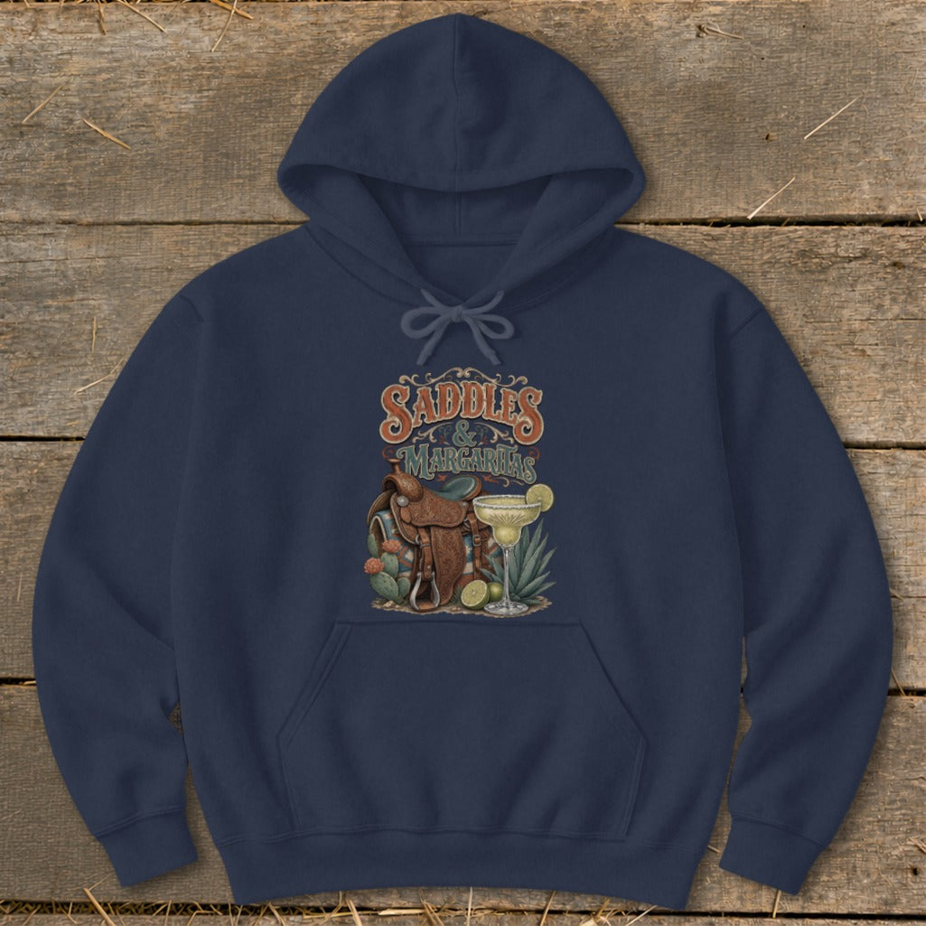 Navy hoodie with "Saddles & Margaritas" text, saddle, and margarita graphic.