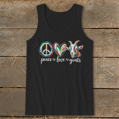 Black tank top with "Peace Love Goats" text and colorful goat graphic.