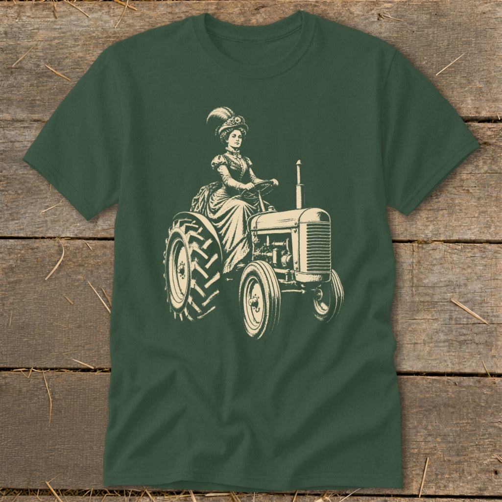 Victorian woman in ornate hat driving a vintage tractor graphic.