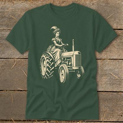 Victorian woman in ornate hat driving a vintage tractor graphic.