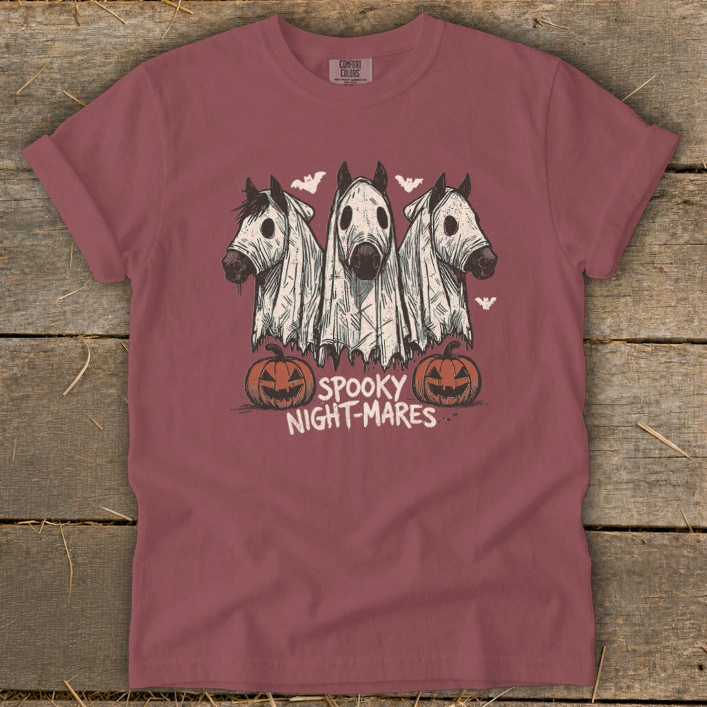 T-shirt with three horses dressed as ghosts, pumpkins, and text "Spooky Night-Mares".