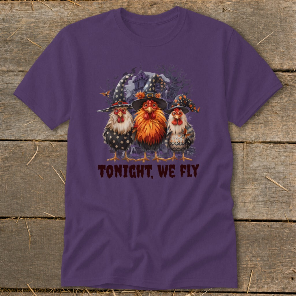 Three chickens in witch hats with "TONIGHT, WE FLY" text.