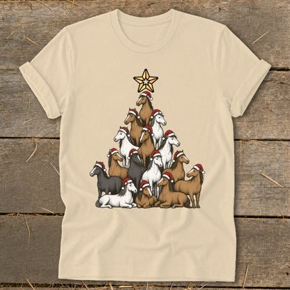 T-shirt with horses wearing Santa hats arranged in a Christmas tree shape topped with a star.