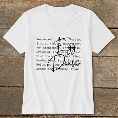 White V-neck t-shirt with "Egg Dealer" and descriptive words in black text.