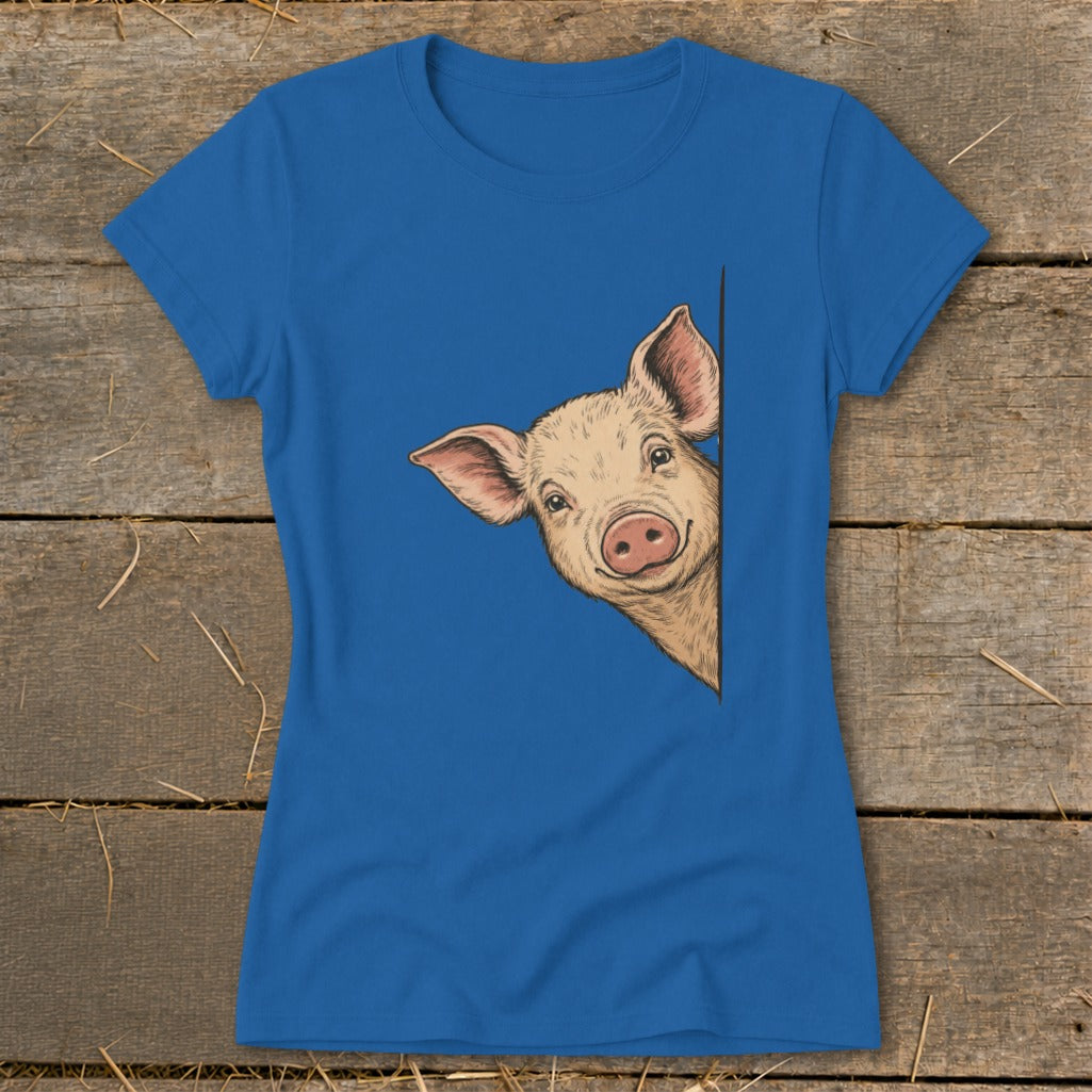 Blue t-shirt with a cartoon pig peeking from the side.