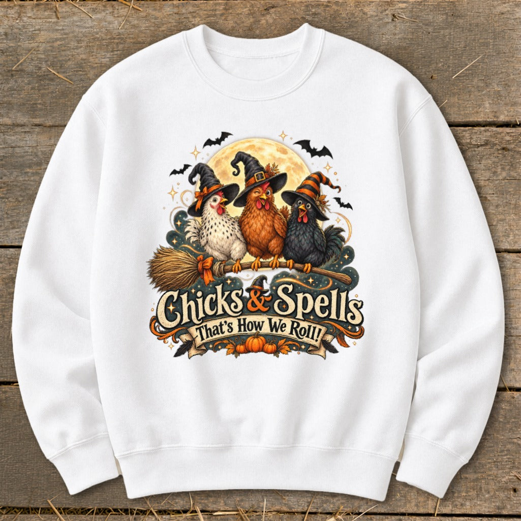Three witch chickens on a broom with "Chicks & Spells That's How We Roll!" text.