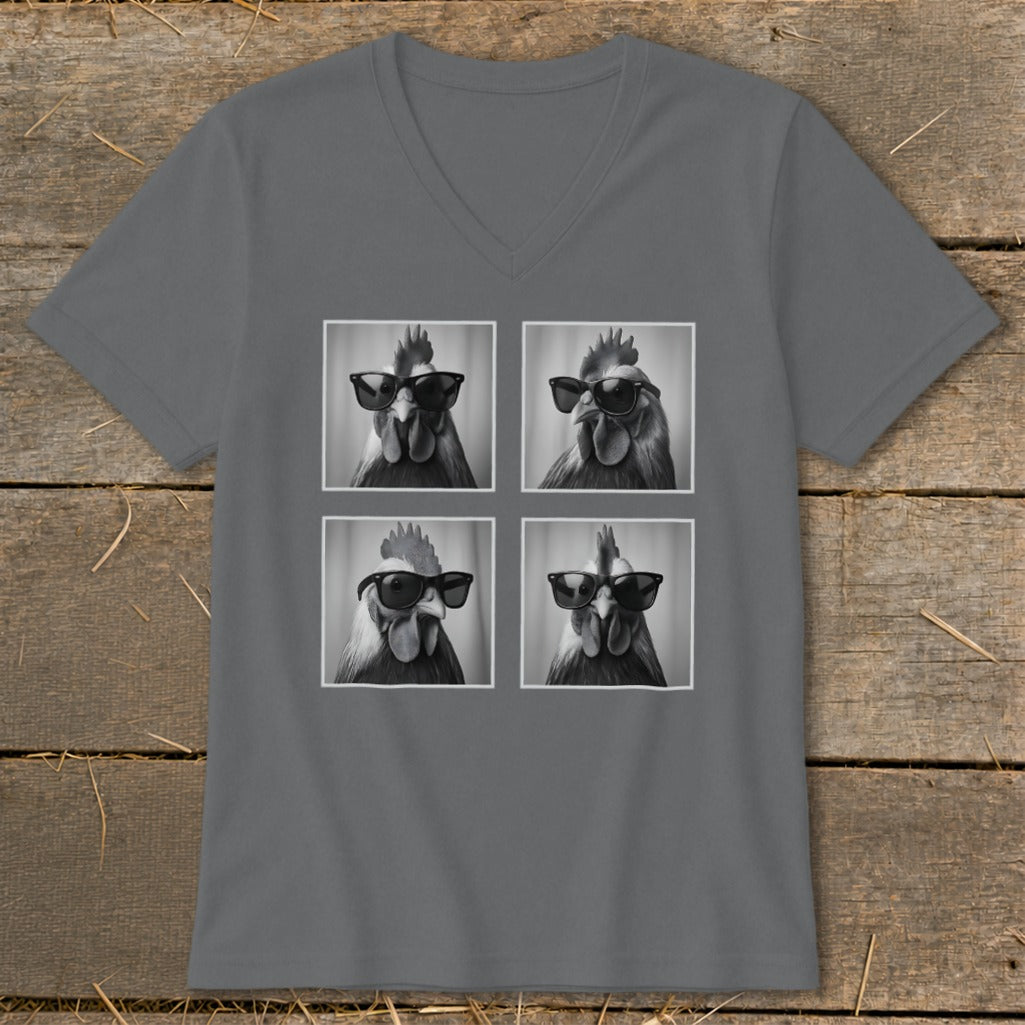 Four roosters wearing sunglasses are displayed in a grid on a gray t-shirt.