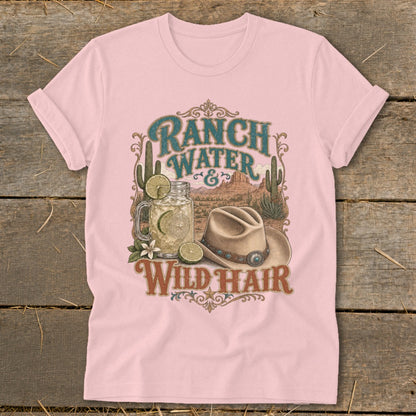 Pink t-shirt with "Ranch Water & Wild Hair" graphic featuring a cowboy hat and drink.