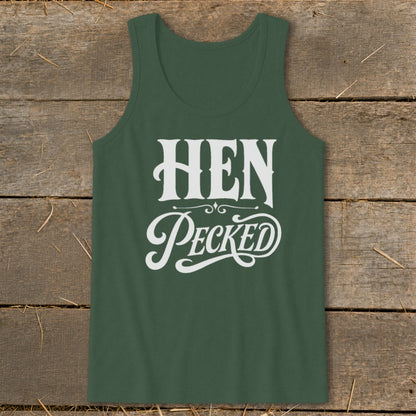 Green tank top with white text "HEN Pecked" in decorative font.