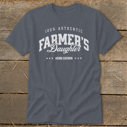Gray t-shirt with "100% Authentic Farmer's Daughter Home Grown" text.