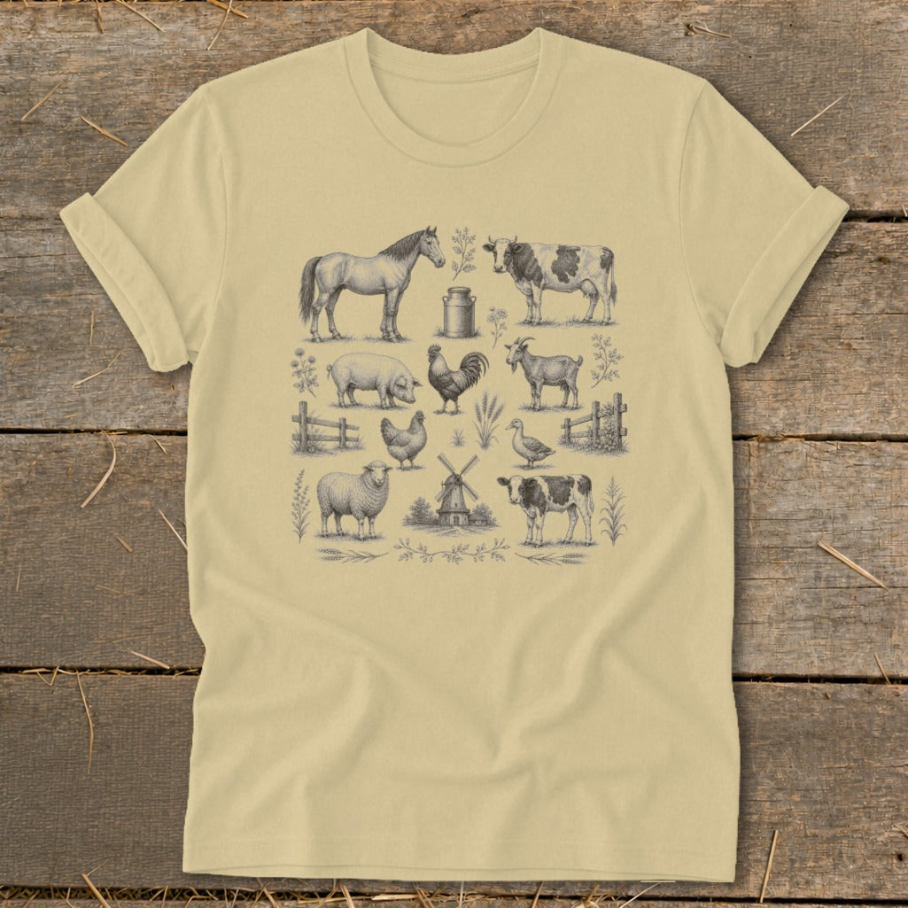 T-shirt with vintage farm animals including a horse, cow, pig, sheep, goat, chicken, and duck.