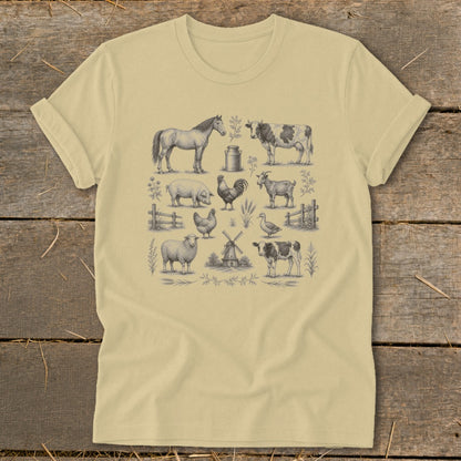 T-shirt with vintage farm animals including a horse, cow, pig, sheep, goat, chicken, and duck.