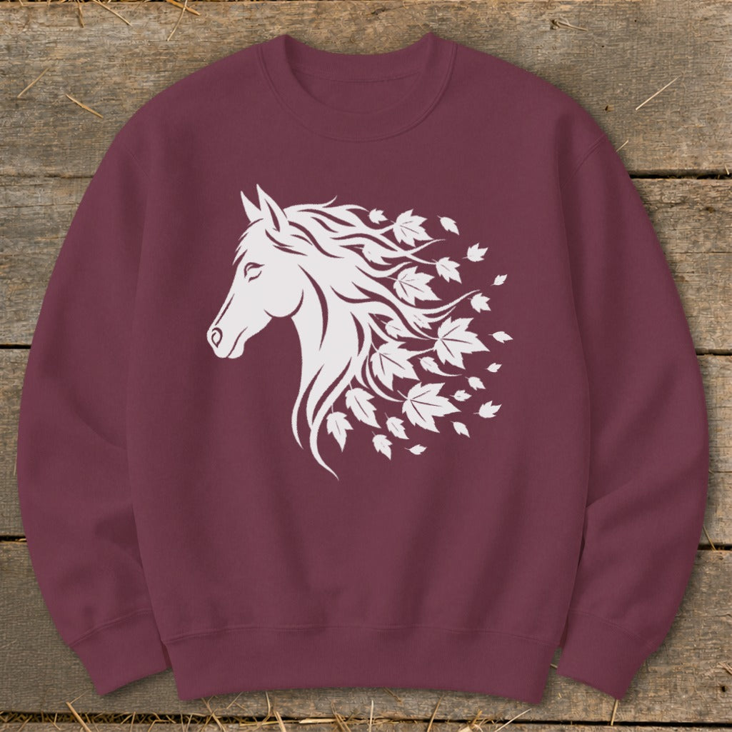 Maroon sweatshirt with white horse head and falling leaves graphic.