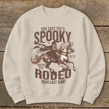 Spooky Western Style Rodeo graphic with text "You Just Yee'd Spooky Rodeo Your Last Haw!"