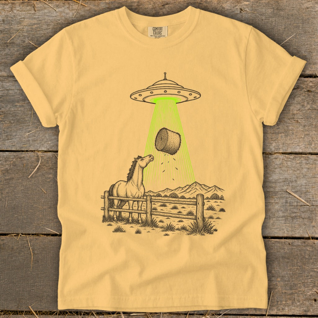UFO abducting a hay bale over a horse in a fenced pasture.