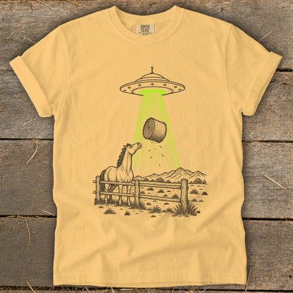 UFO abducting a hay bale over a horse in a fenced pasture.