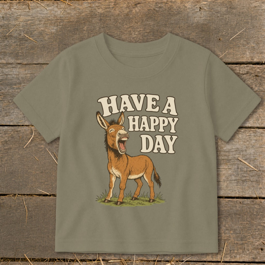 T-shirt with happy donkey graphic and text "HAVE A HAPPY DAY"