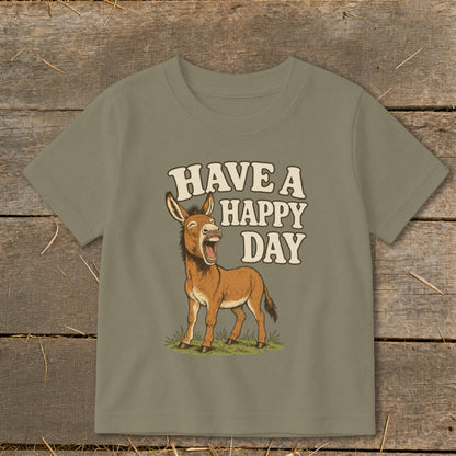 T-shirt with happy donkey graphic and text "HAVE A HAPPY DAY"