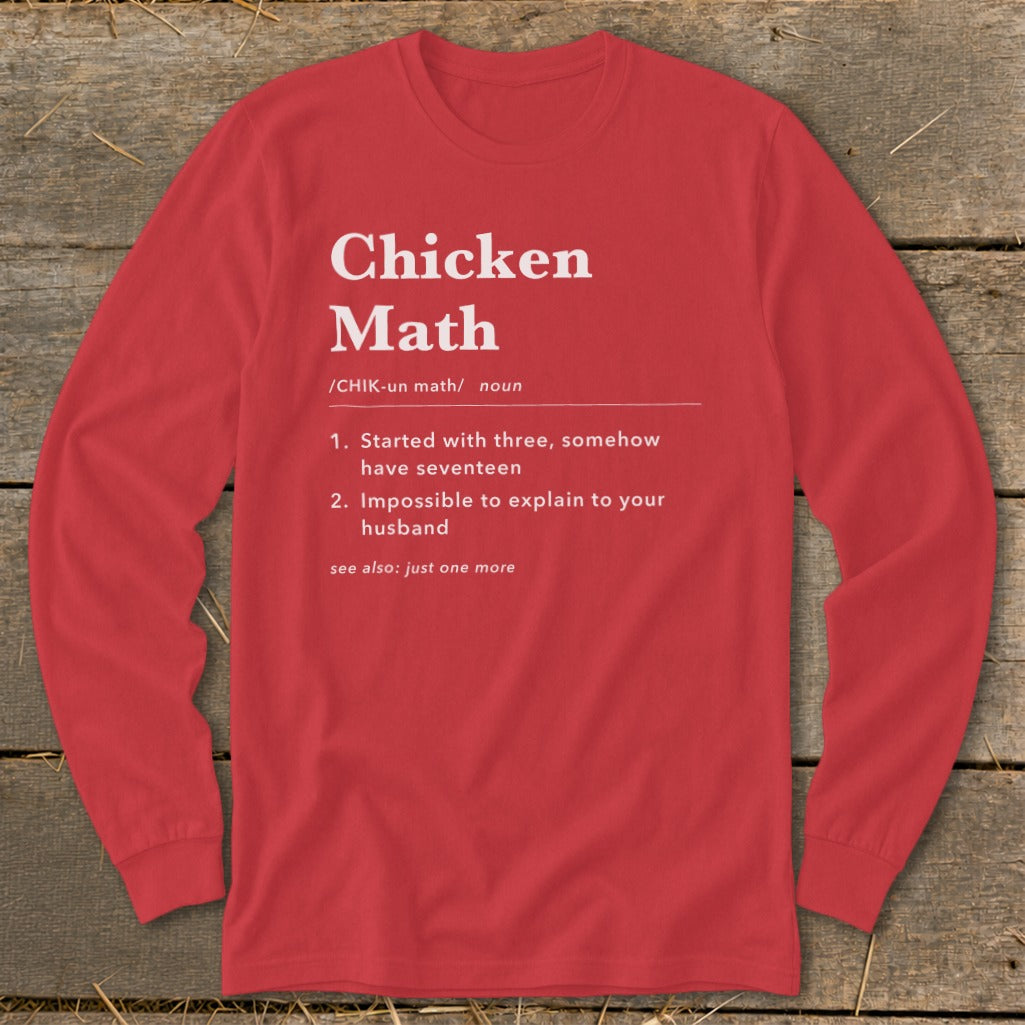 Red long-sleeve shirt with "Chicken Math" definition and humorous explanations.